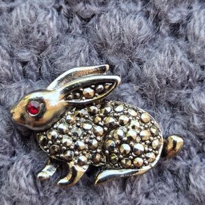 Silver Tone Rabbit Brooch with Red Gem